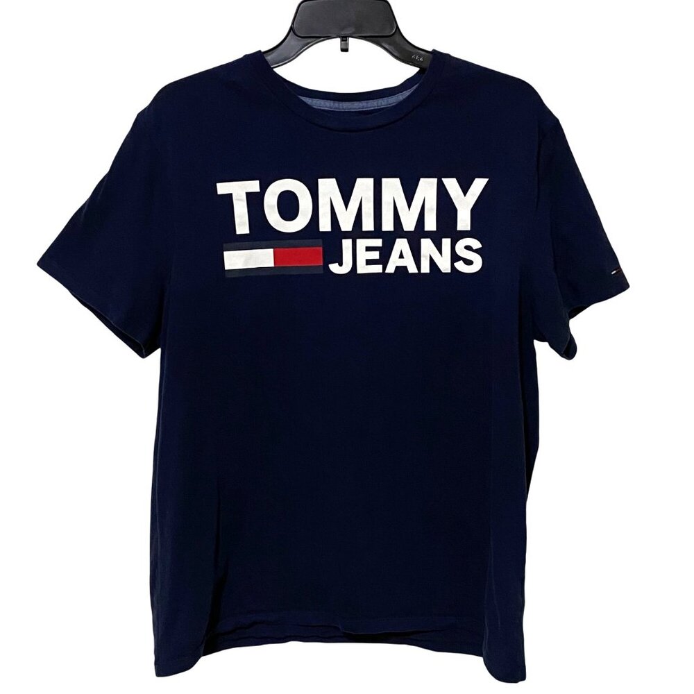 Tommy Jeans Spell Out T-Shirt M Navy Blue Preppy Logo Pop Culture Patriotic Y2K